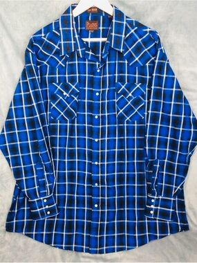 Plains Western Wear Pearl Snap Men’s Blue Plaid Button-Down Shirt
